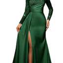 Mermaid Satin Prom Dresses for Women 2026 Long Sleeve Sequin Formal Dress Sparkly Evening Party Gowns with Slit (Green)