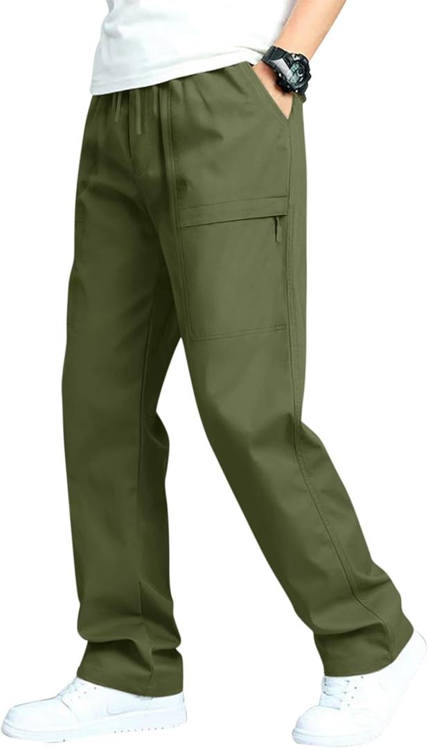 Men's Casual Cargo Pants Workout Sweatpants Joggers Stretch Hiking Drawstring Tactical Trousers (Green, M)
