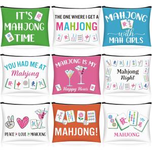 9 Pcs Mahjong Cosmetic Bag Gifts for Women Mahjong Makeup Bag Mah Jong Zippered Pouch for Lover Player Valentine's Mothers Lucky Birthday Party National Mah Jong Gift (Styles 1)
