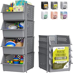 TidyFriend Stackable Storage Bins for Pantry, 4 Pack Stackable Bins For Organizing Food, Kitchen, and Bathroom Essentials (Grey) (Gray)