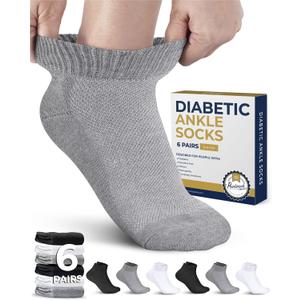 Pembrook Diabetic Ankle Socks for Men and Women - 6 Pairs Low Cut Seamless | Diabetic Socks for Men (Medium, 2 White / 2 Gray / 2 Black - 6 Pairs)
