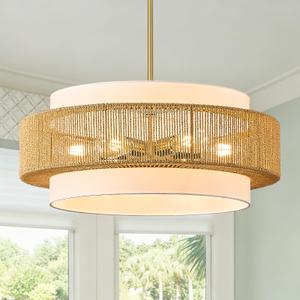 24 Inch Rattan Chandelier for Dining Room 6-Light Large Boho Pendant Light