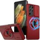 ANNGELAS for Samsung Galaxy S21 Ultra Mag-Safe Kickstand Case with Slide Camera Cover, Slim Shockproof Military Heavy Duty Anti-Drop Full Body Protection, 360 Rotating Stand Magnetic Phone Case(Red)