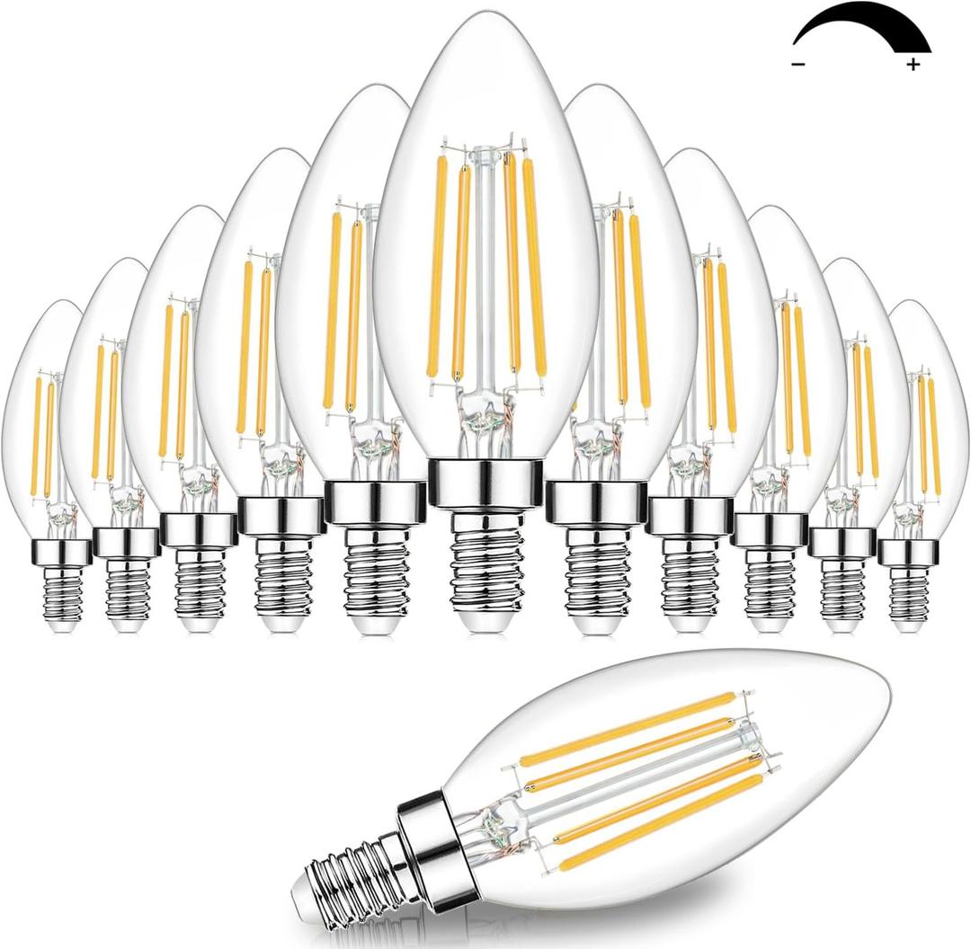 12-Pack Dimmable E12 LED Candelabra Bulbs 60W Equivalent, 3000K Soft Warm White, 600 Lumens B11 Candle Base 6W C35 LED Filament Vintage Light Bulbs, Clear Glass for Chandelier Ceiling Fan High CRI 90+