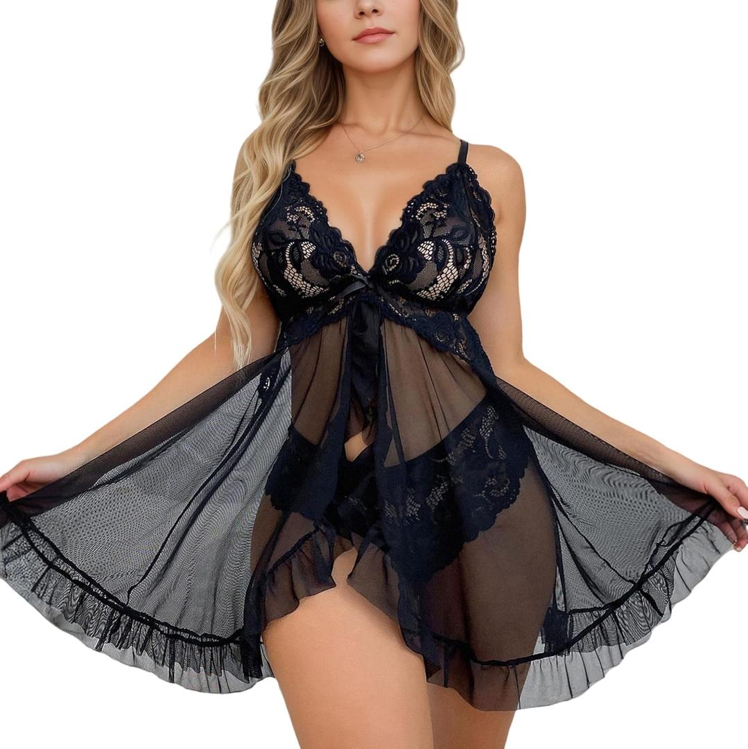 dream love Women Lingerie Lace Babydoll Chemise Ruffle Nightgown Sleepwear S-XXL (Black, L)