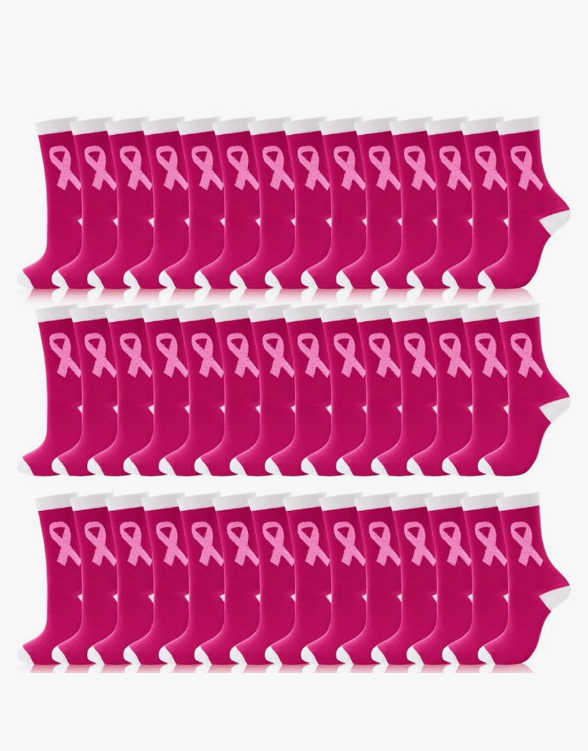 Shyyween 60 Pairs Breast Cancer Awareness Socks Bulk Pink Ribbon Middle Tube Football Socks for Events Youth Adult(Pink)