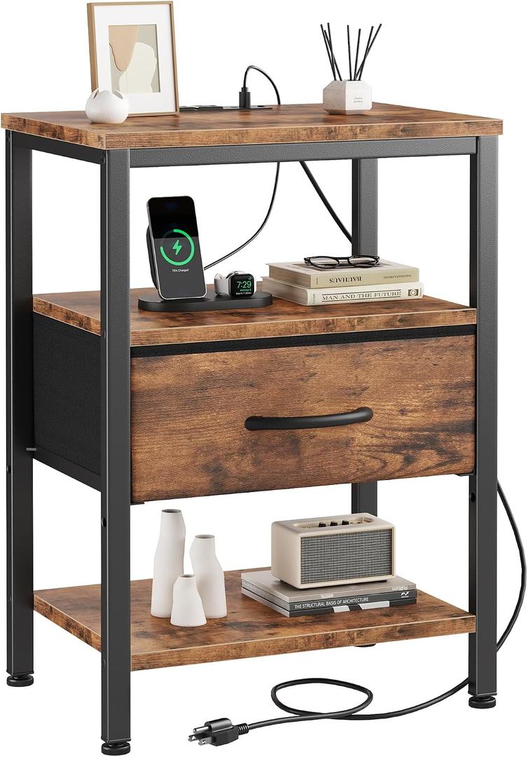DUMOS Bedside Table with Charging Station and Adjustable Fabric Drawer Compact Nightstand 3-Tier Storage Organizer End Table for Bedroom,Brown