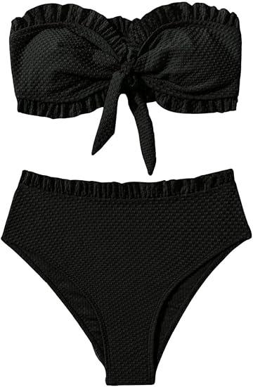 Women's Two Piece Swimsuit Strapless Ruffle Knot Front Bandeau Bikini Set Thong Bathing Suits Size, Small