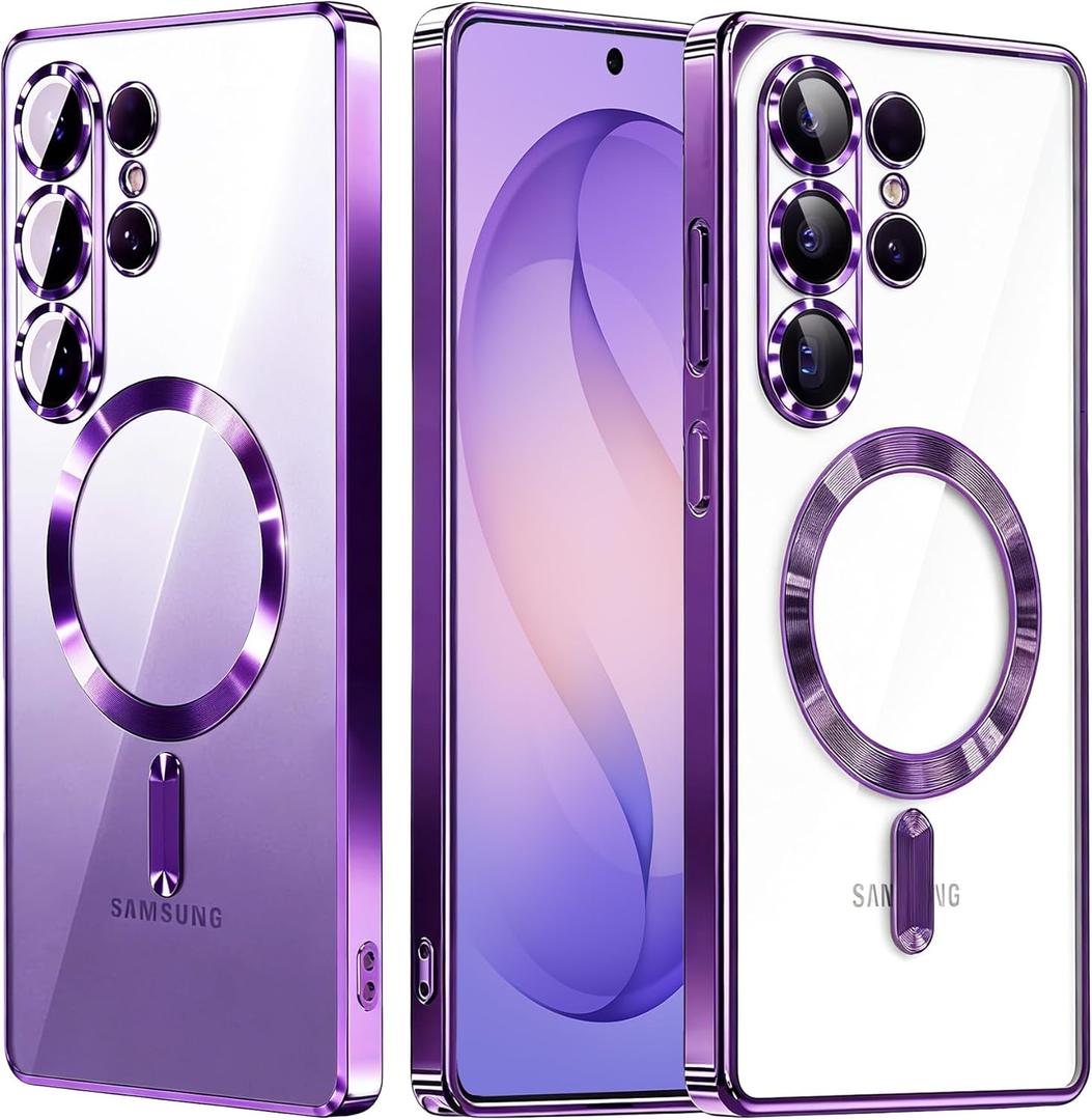 for Samsung Galaxy S26 Ultra Case with Magnetic(2026).Phone Cover Clear Back Plating Metallic Glossy[Full Camera Lens Protection].Slim Thin Soft Shockproof Case for S26Ultra 6.9" (Purple)