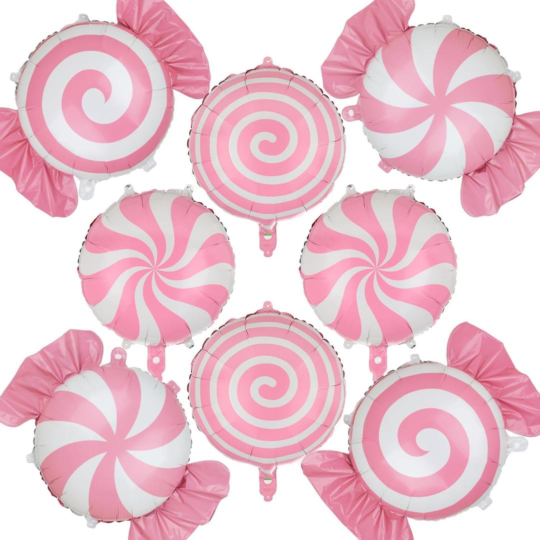 Sweet Candy Balloon Xmas Christmas Set Swirl Lollipop Mylar Foil Balloons Candies Candyland Theme Halloween Birthday Party Decor Supplies, 8 Pcs, Pink