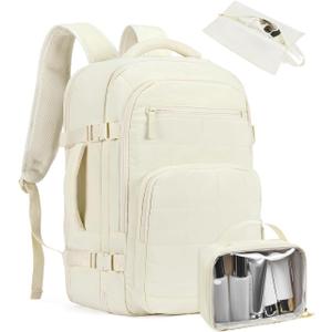 Telena Travel Backpack Carry on Flight Approved, 17.3 inch Laptop Quilted College Bookbag Personal Item Travel Bags for Women Beige