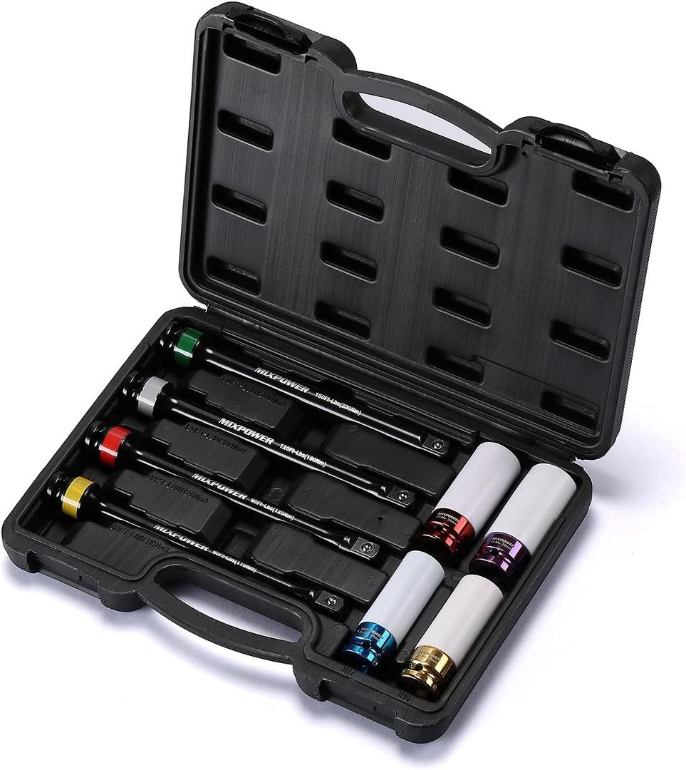 MIXPOWER 1/2-inch Drive Wheel Protector Impact Socket& 8 inch Coded Torque Limiting Socket Extension Bar 8pcs Tire Deep Socket Set, Color-Coded, 80 to 150 Ft-Lbs (110-200 Nm)