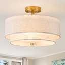 3-Light Semi Flush Mount Ceiling Light,16" Close to Ceiling Light Fixtures with Farmhouse Fabric Linen Shade, Double Drum Gold Flush Mount Ceiling Light for Bedroom Living Room Kitchen Dining Room