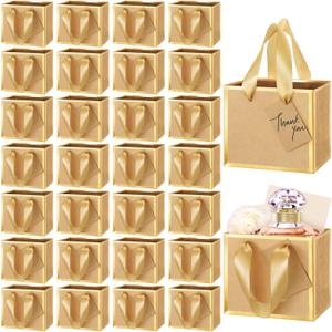 Yeaqee 50 Pcs Mini Metallic Foil Gift Bags with Handles 4x4.75x2.25'' Tiny Thank You Favor Bag with Tag for Christmas Fall Thanksgiving Welcome Wedding Baby Shower Birthday Party(Kraft, Gold)