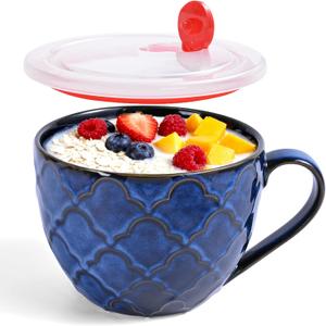 Ceramic Soup Mug, 24oz Soup Bowl with Handle & Lid, Microwave Bowl for Cereal Oatmeal Ramen Instant Noodle Salad (Dark Blue)