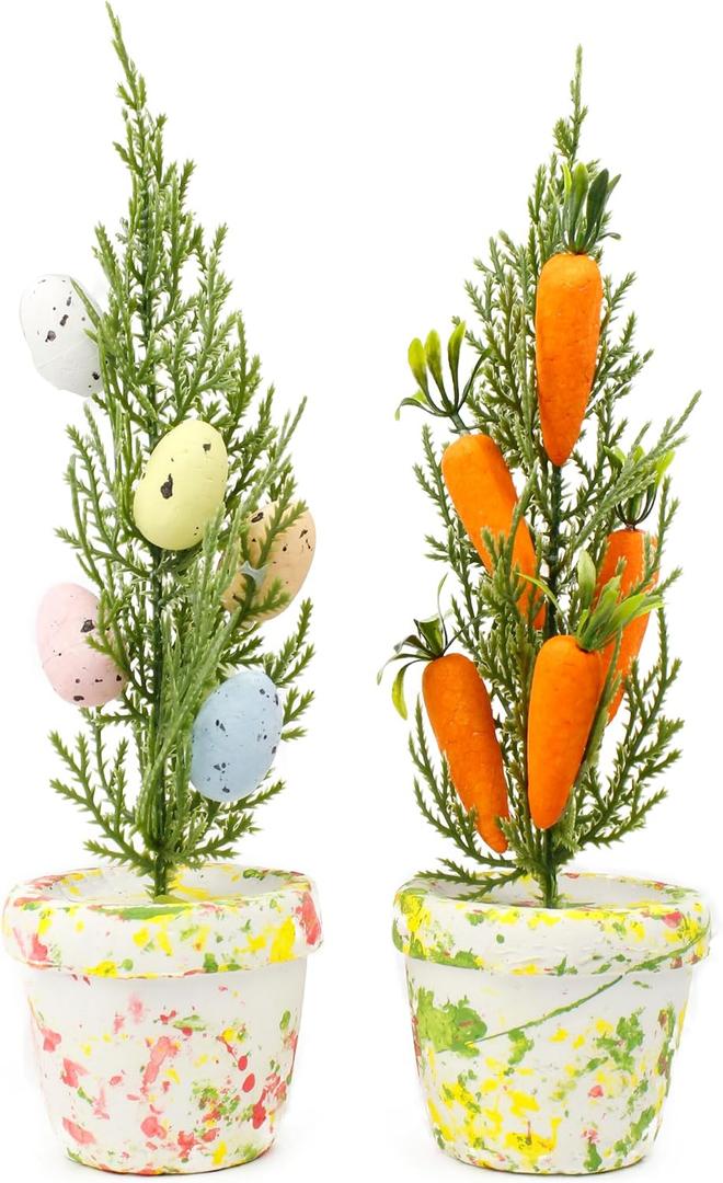 2 x Small Decorative Easter Trees, Foam Carrot and Egg Details, Seasonal Springtime Home Accessories, 10.5 Inches (Pack of 2)