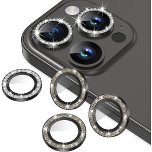 AGVEE 3+3 6 Pack for iPhone 15 Pro 6.1" / 15 Pro Max 6.7" Camera Lens Protector, Bling Diamond & Bling Glitter Metal Ring 9H Tempered HD Glass Camera Cover Film, Bling-Black
