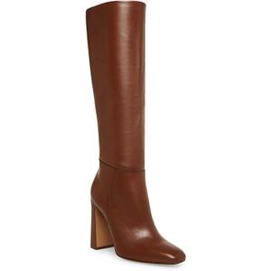 Coutgo Women's Chunky Heeled Knee High Boots Classic Leather Square Toe Zippered Tall Boot (Brown)