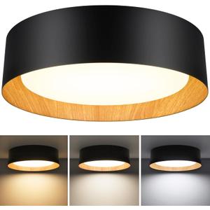 Flush Mount Ceiling Light, 13in 250W Equivalent LED Ceiling Light Fixture, 3CCT Adjustable 3000K 4000K 5000K, Dimmable Black and Wood Modern Ceiling Lamp for Bedroom Bathroom Hallway