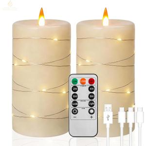Rechargeable Flameless Candles, LED Candles, Candles with Remote and Timers, Real Wax Pillar Candles, with Flickering Embedded Star String,Ivory White, Set of 2