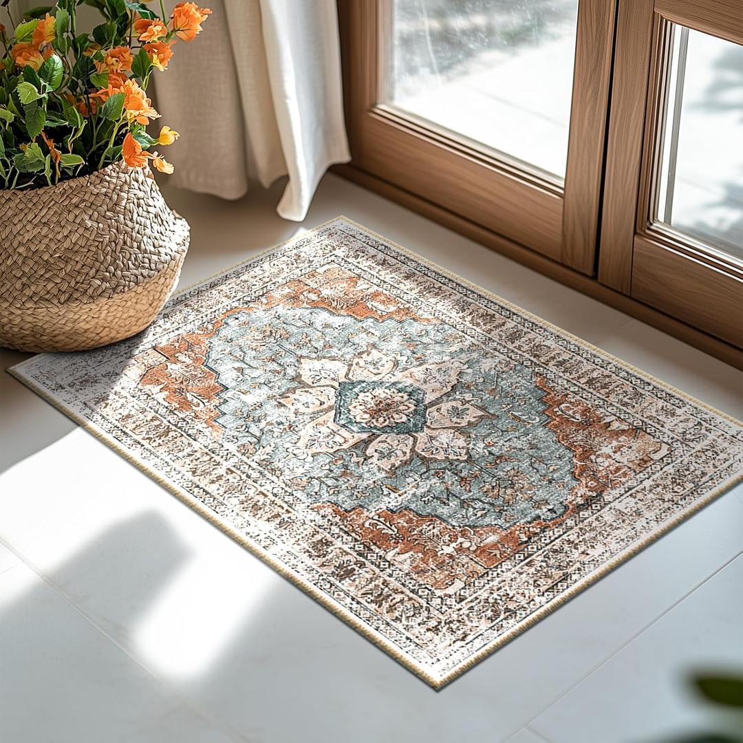 BESTSWEETIE 2x3 Area Rug Washable Rugs for Living Room, No Pile Boho Carpet for Entryway Bedroom Dinning Room, Vintage Carpet Print Distressed Non-Slip, 2 x 3 ft, Green Brick Rust Red