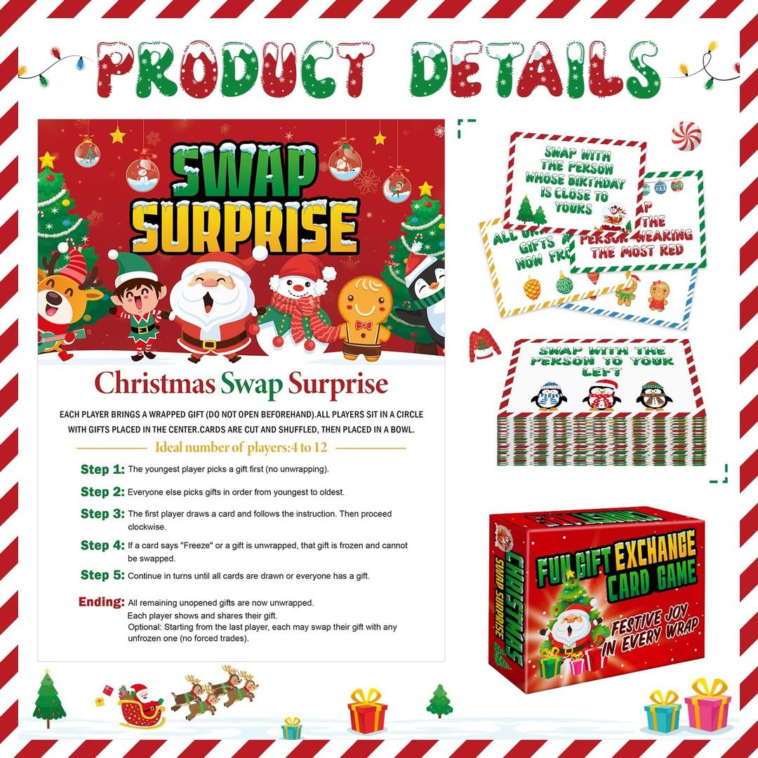 2 x Christmas Exchange Game, Christmas Games Cards With Box, White Elephant Gift Exchange Cards Holiday Present, Christmas Games for A Group Family Coworker Xmas Party Supplies