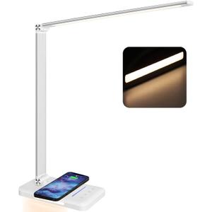 LED Desk Lamp with Night Light, Fast Wireless Charger, USB Charging Port, 10 Brightness, 5 Color Modes, Dimmable Bedside Table Lamp for Bedroom, Touch Control, Auto Timer, 1200Lux Super Bright