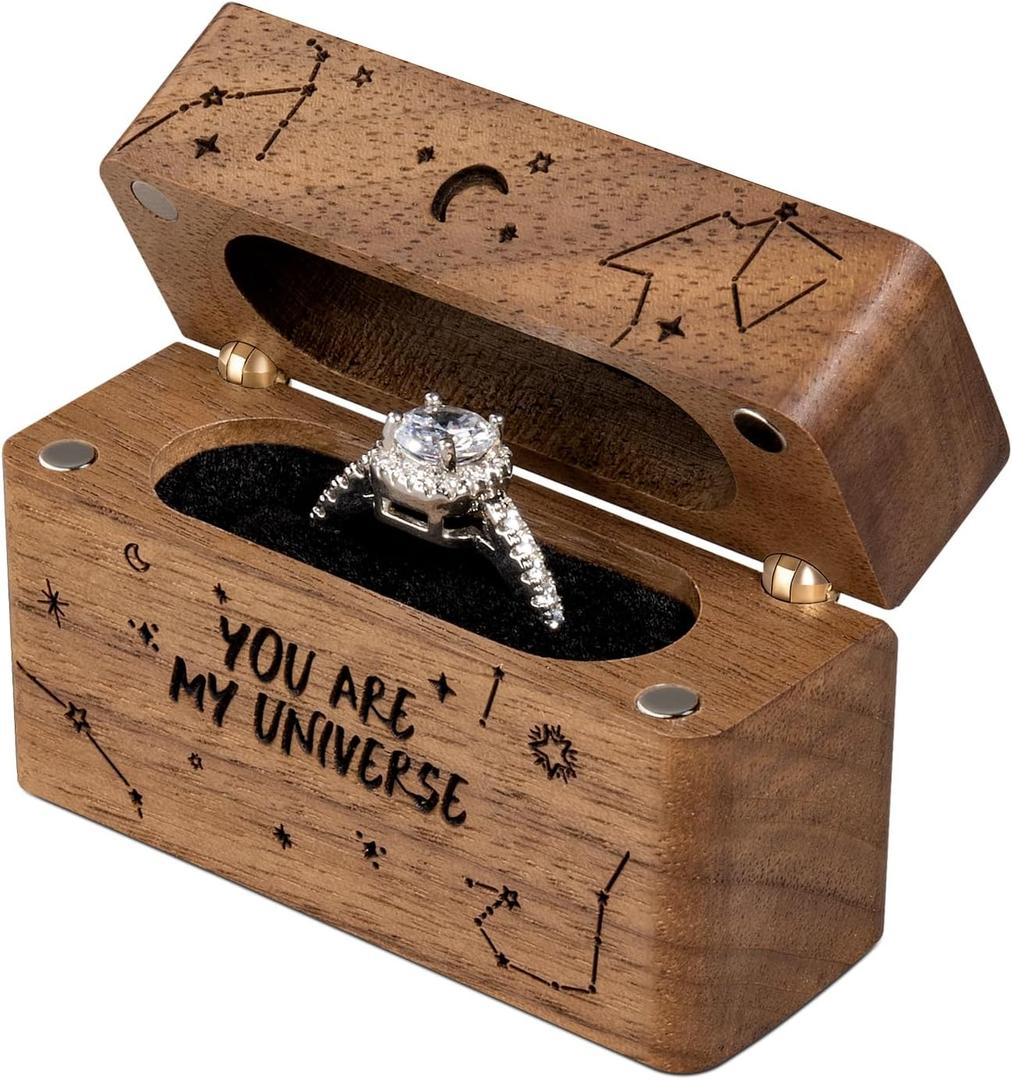 Wooden Engagement Ring Box for Proposal,Wedding,Walnut Wooden case for Little Slim Ring,Pocket Size Secret(You are my universe)