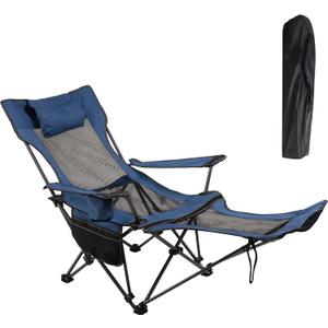 LEADALLWAY Camping Folding Chair with Foot Rest, Collapsible Camp Chair with Cup Holder and Removable Storage Bag, Heavy Duty Beach Chair for Outdoor Camp, Picnic, Travel, Fishing (Blue)