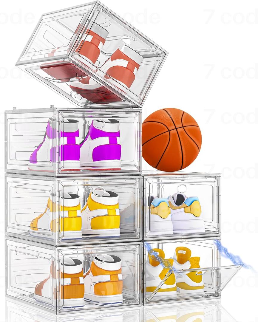Thickened Clear Shoe Storage Organizer with Magnetic Door, Sturdy Stackable Shoe Boxes for Closet, Collapsible Space-Saving Shoe Rack for Sneakers & Boots, Plastic Shoe Cabinet Box Set, 6 Pack, White
