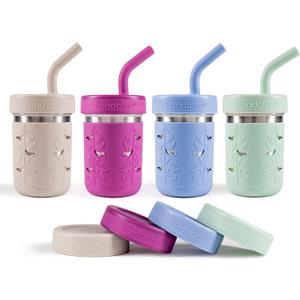 Pandaloo Smoothie Cups for Kids - Stainless Steel Toddler Tumbler with Straw, Sippy Cup for Smoothies - BPA-Free, Toddler Snack Cups, 10 oz (Pack of 4, Creamy Mushroom/Purple/Blue/Sage)