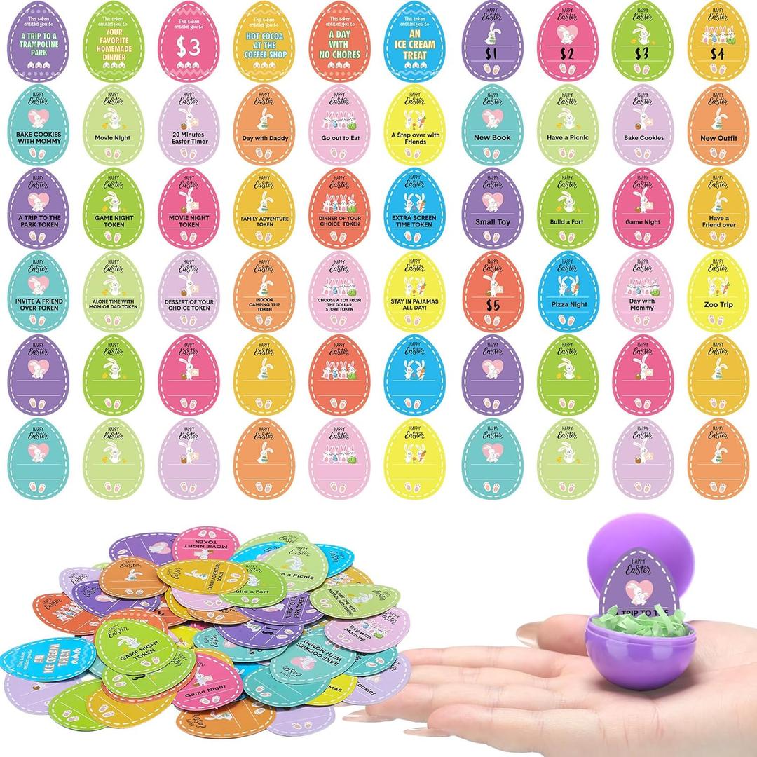 60 Pcs Paper Easter Egg Tokens Set Easter Reward Tokens Egg Fillers Hunt Party Favors Basket Stuffers for Hunt Toys Products Decorations Gifts