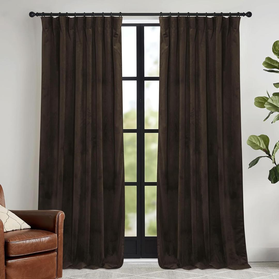 RYB HOME Brown Velvet Curtains 102 inches with Hook Belt, Soft Fabric Room Darkening Thermal Insulated Luxurious Home Decor Curtains for Living Room Bedroom, W 52" x L 102", 2 Panels Set