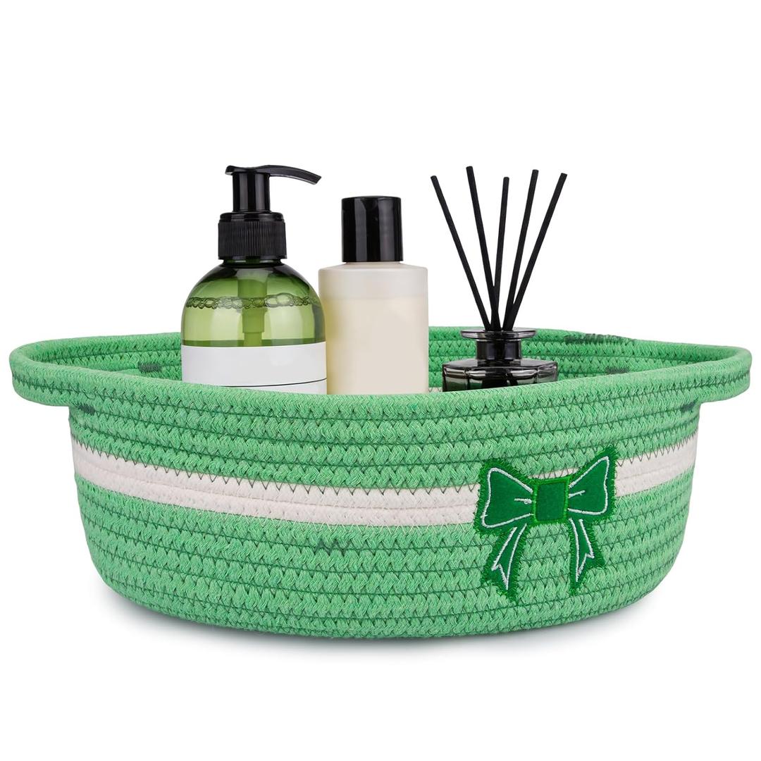 2 x Bow Toilet Paper Basket- Bathroom Decor Woven Green Basket Organizer Toilet Tank Decorative Storage Basket, Oval Shelf Bin with Handles, Over Flower Wedding Paper Holder, 12"D x 5"H IN