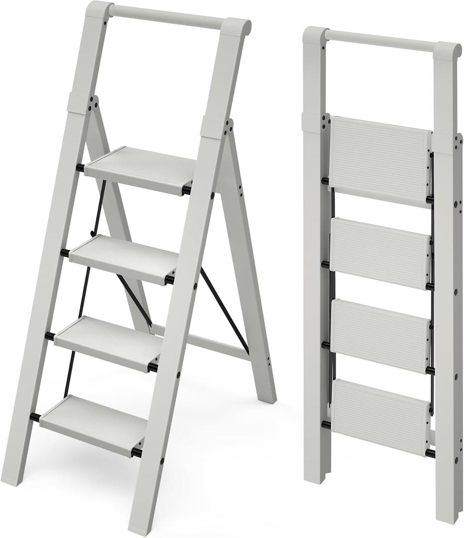 Mayi Plus 4 Step Ladder, Lightweight Folding Step Stool with Convenient Handgrip,Aluminum 330lbs Capacity Step Ladder for Office,Household,Kitchen,Library(Grey)