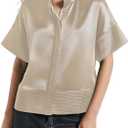 D-Sun Women's Casual Button Down Shirts Oversized Short Sleeve Stand Collar Tops Trendy Work Blouses (Beige, L)