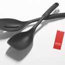 2 Pack Large Silicone Cooking Spoon, Non-Stick Slotted and Solid Spoon set with Deep Bolw and Measurement Mark for Mixing, Serving, Draining, Scooping, Scraping, Heat Resistant Kitchen Utensils, Black