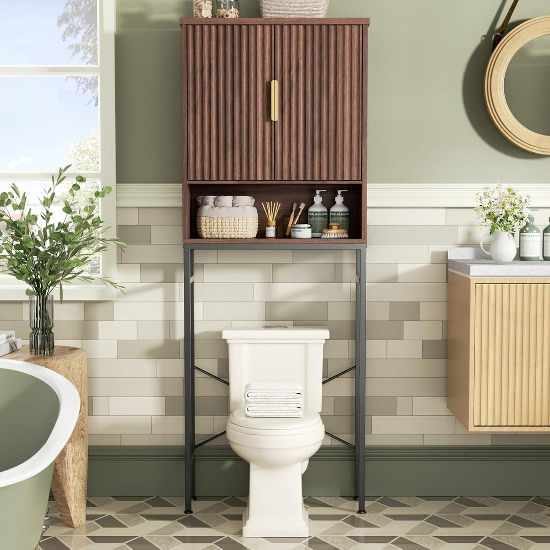 FiveWillowise Over The Toilet Storage Cabinet with Fluted Doors and Adjustable Shelf, Tall Bathroom Organizer with Metal Stand Space Saver Over Toilet, Wood Rack for Bathroom, Restroom, Laundry