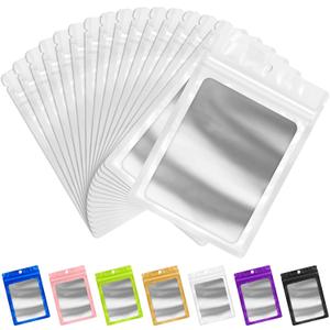 FUNFERY 98 Pack Mylar Resealable Bags Foil Packaging Bags with Clear Window, Zipper Pouch Smell Proof Bag for Food Storage, Cookies, Sample, Small Business(White, 2.4x3.9inch)
