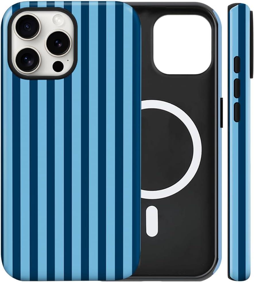 Magnetic for iPhone 15 Pro Case Cute Stripes Phone Case, Shockproof Slim TPU and Hard PC Protective Phone Cover Compatible with MagSafe Designed for Women Girls, Lake Blue