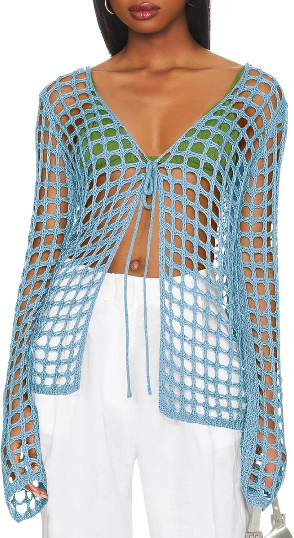 Saodimallsu Womens Long Sleeve Swimsuit Coverup Crochet Hollow Out Tie Front Swim Cover Up Knit Cardigan, Size Medium