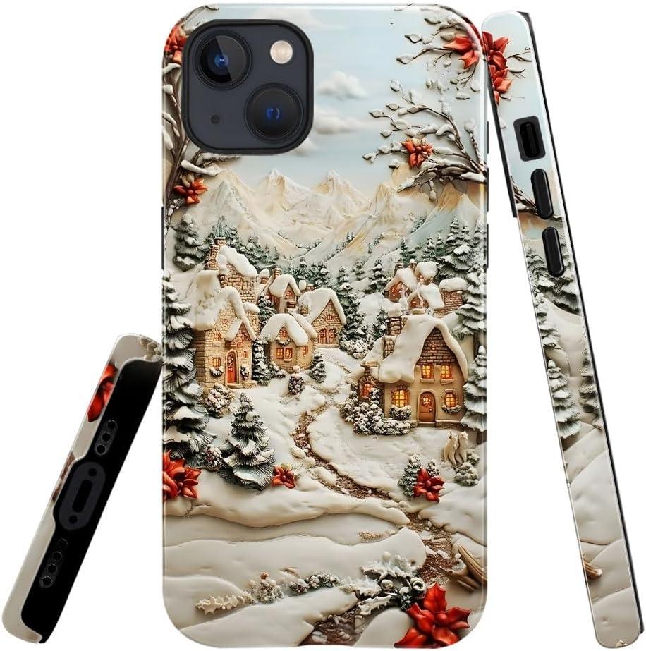 Case for iPhone 15,Snowy Winter Village Christmas Phone Case Slim Silicone Shockproof Cover for Girls WomenGlossy & Durable