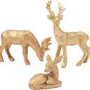 DN DECONATION Reindeer Christmas Decoration Figurines  Vintage Gold Christmas Deer Statue with Faux Fur Texture  Resin Reindeer Christmas Decor for Table Centerpieces, Mantle & Indoor Decor - 3pcs (Set of 3)