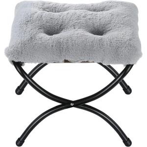 15" Foldable Foot Stool Ottoman with Metal Frame - Washable Faux Fur Grey Upholstered Indoor/Outdoor Footrest for Living Room, Bedroom, Patio - Space-Saving Compact Design, Small