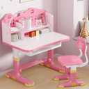 Kids Desk and Chair Set, Height Adjustable Child's School Study Writing Tables, Kids Desk with Bookstand and Storage Drawer, Widened Desktop with Desktop for Boys and Girls