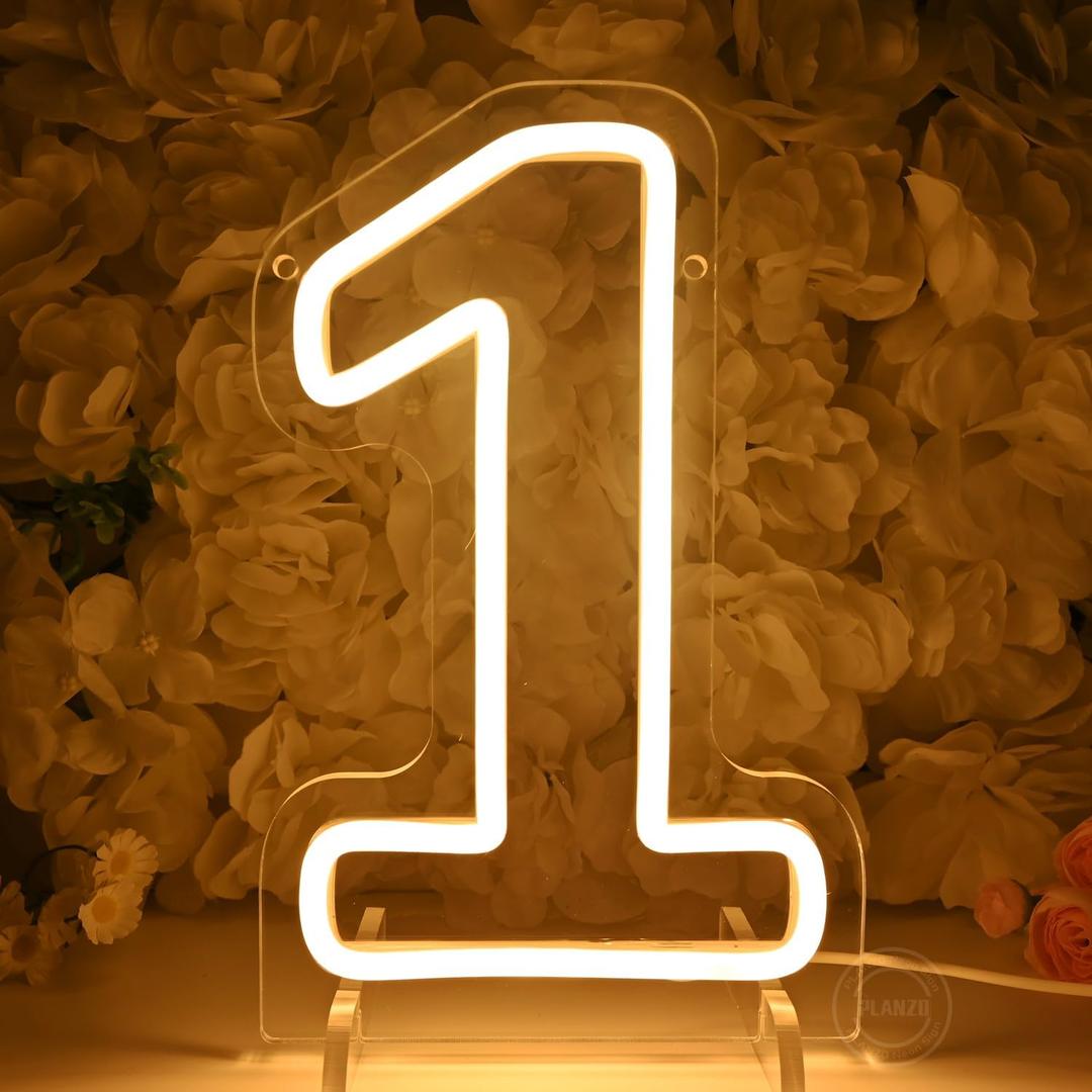 Planzo 1 One Led Neon Sign Light 1th One Year Old Birthday Baby Cave Backdrop Bedroom Desk Table Wall Sign Decor Banner Wedding Party Decor Gifts Hold Base USB 9.84"x6.3"