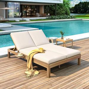 Acacia Wood Outdoor Patio Daybed Sunbed with 5-Position Adjustable Backrest, All Weather Double Chaise Lounge with Cushion and Folding Side Trays for Poolside Garden (Light Teak-3.20)