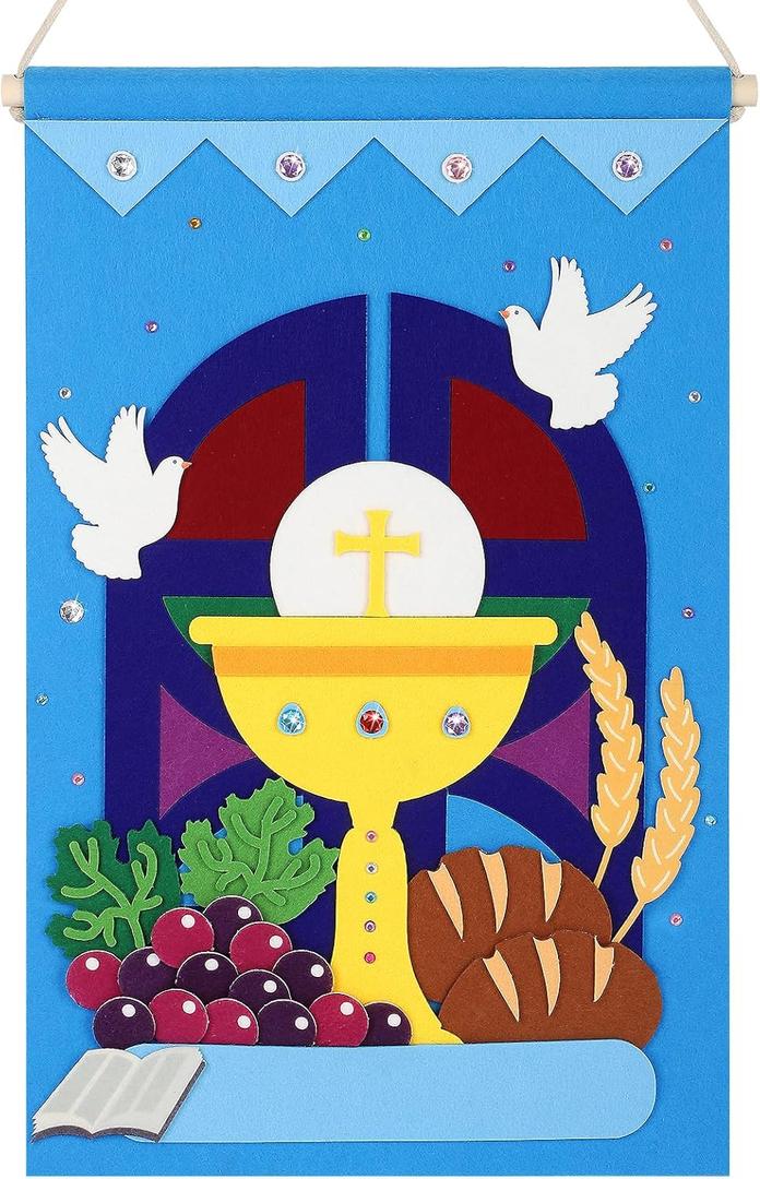 First Communion Banner Kit for Boys Girls Catholic Craft Pack First Holy Communion Banner kits DIY Holy Communion Banners Church and Sunday School Crafts for Kids First Communion Felt Decor Set