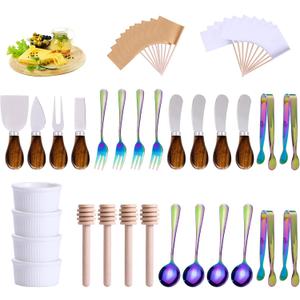 Charcuterie Boards Accessories(29 PCS) Cheese Spreaders for Charcuterie Board Mini Serving Spoon Fork Tongs Blank Toothpick Flags Bowl (Color)