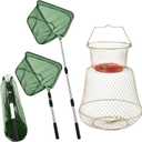 Hollowfly 2 Pcs Steel Wire Fish Basket and Fishing Landing Net with Extension Aluminum Telescoping Pole Includes 1 Portable Fishing Net with Handle 1 Collapsible Wire Fishing Basket for Women Men